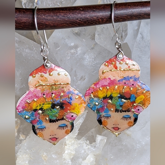 Artisan Sterling Silver Wrapped Earrings Colorful French Girl Charms - Picture 1 of 10